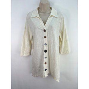 Soft Surroundings Danielle Button Up Blouse sz M Cream Sharkbite Hem Tunic Top